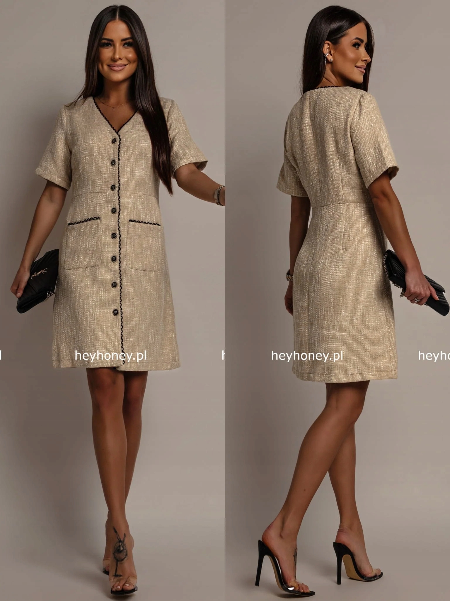 Šaty Tweedová na Knoflíky Béžová Elodie M