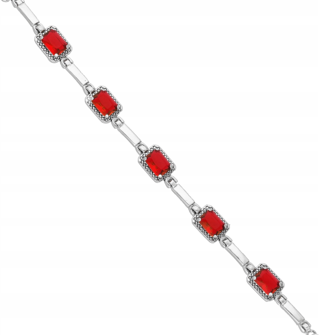Náramek s obdélníkovými červenými zirkony stříbro