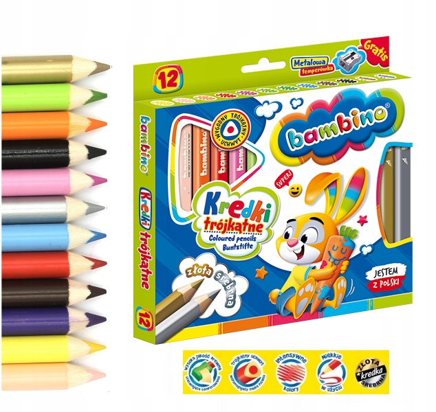KREDKI OŁÓWKOWE TROJKĄTNE 12 KOLORÓW BAMBINO