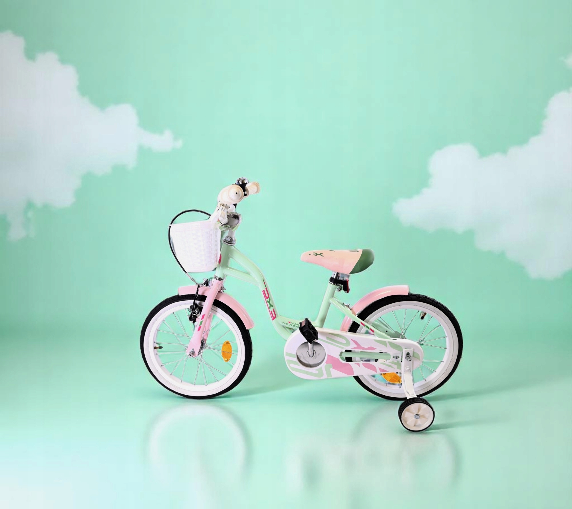 ВЕЛОСИПЕД ДЛЯ ДІВЧАТОК 16 ДЮЙМОВ М'ЯТНА СВІТЛА РАМА З КОРЗИНКОВИМИ БІЧНИМИ КОЛЕСАМИ