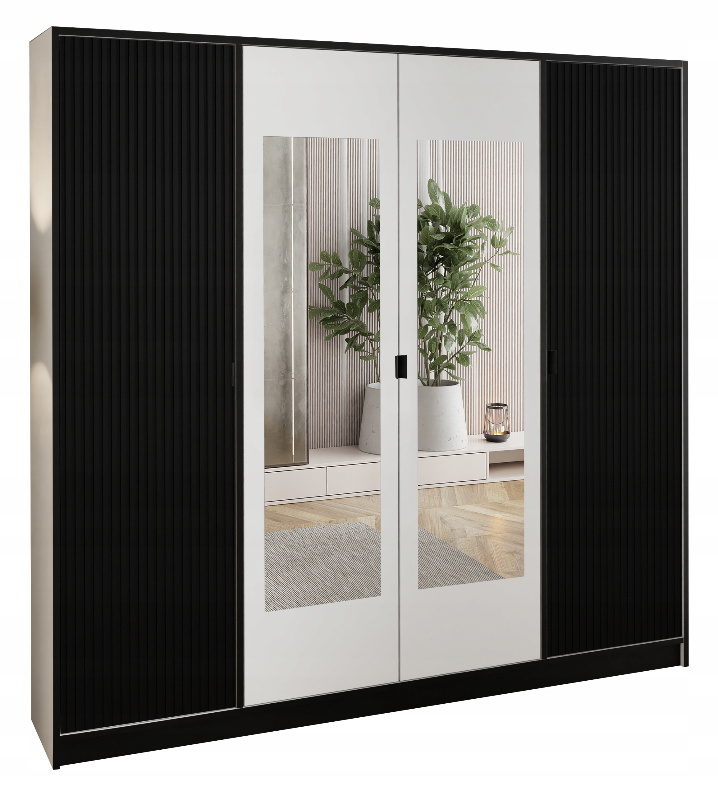 Skříň Lumi 207 4D bílá černý ryfl. 2x zrcadlo dior úchytka č.