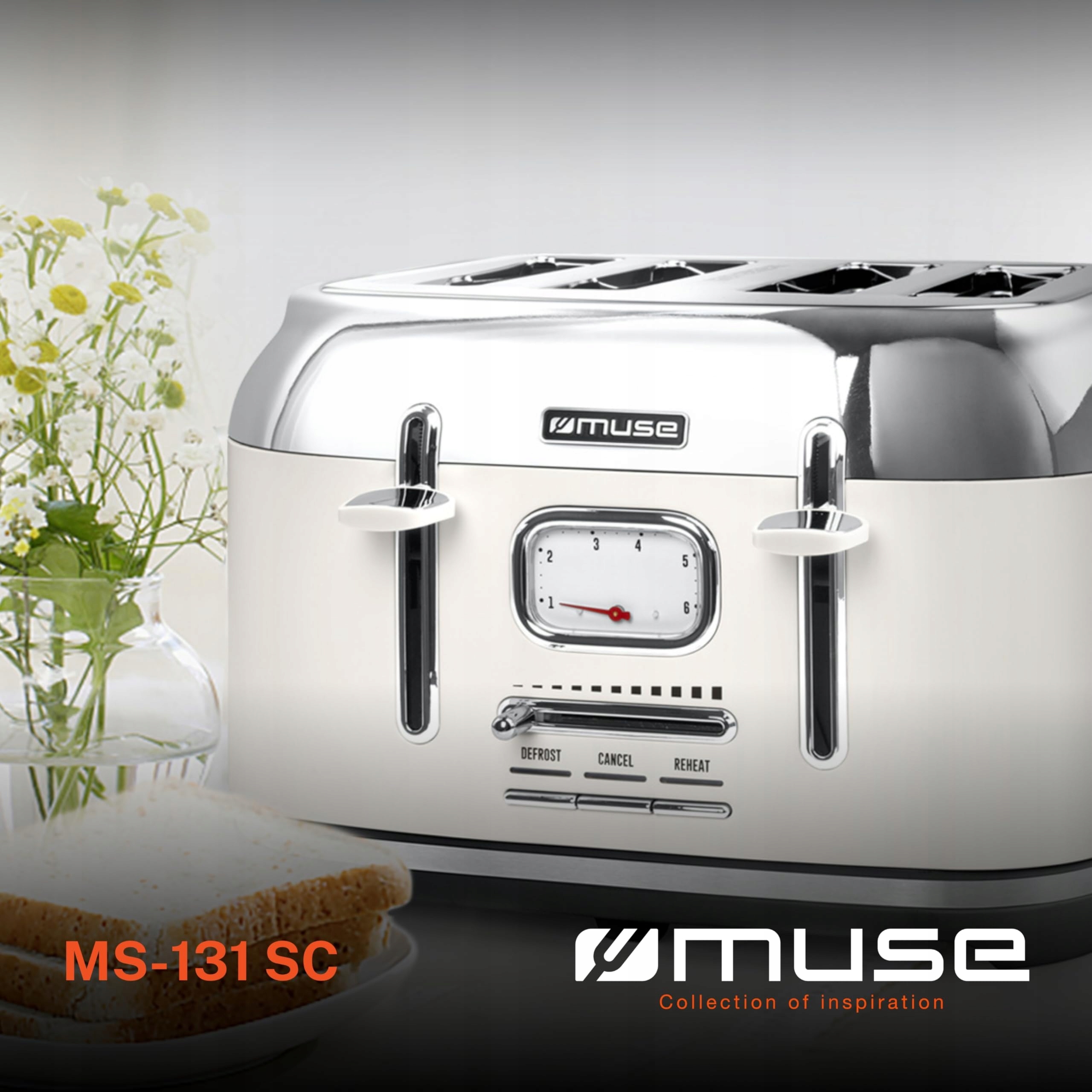MUSE Toster Retro Biały Stalowy 4 Kromki 6 Stopni Z Kratką Na Okruchy — miniatura 3