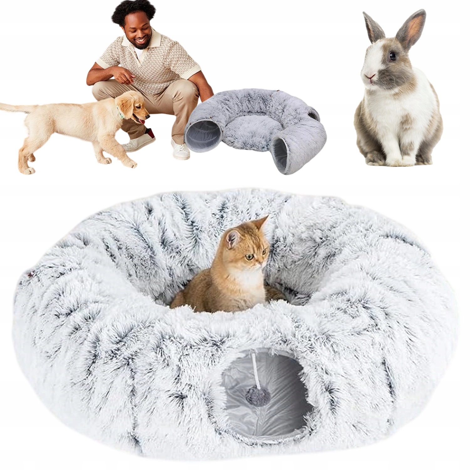 Levně Tunel Pro Kočky Pelíšek Multifunkční 2V1 S Míčem Tvar Donuta Šedý