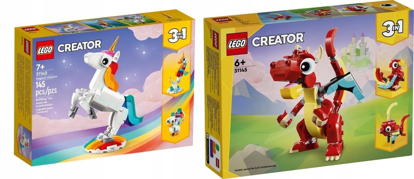 Sada Dárek Lego Creator 3V1 Kouzelný Jednorožec 31140+ČERVENÝ Drak 31145