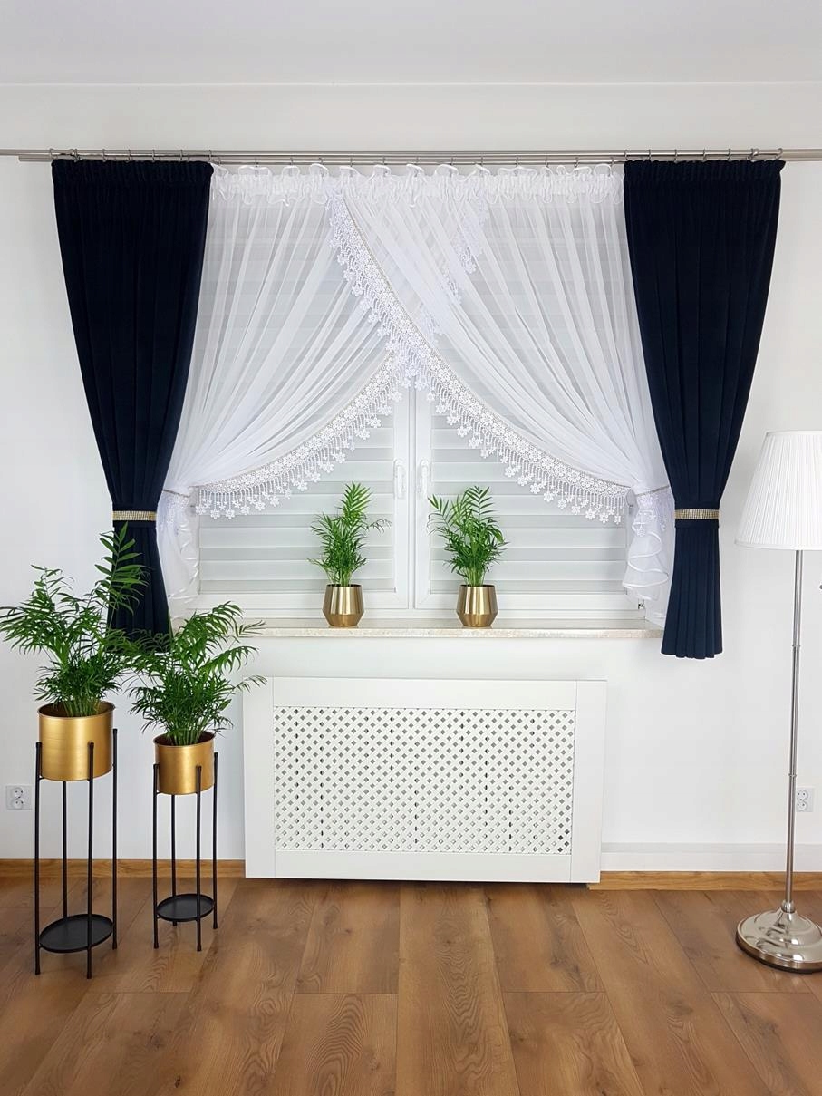 Zestaw Gotowy Firana Biała Zasłony Czarna Na Taśmie Z Tunelem Salon Kuchnia