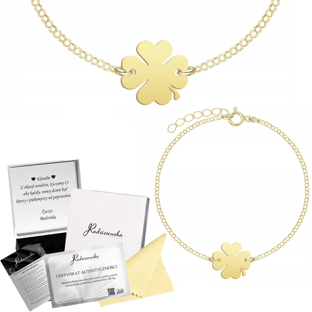Dámský Náramek Jetel Zlatý 925 Řetízek Narozeniny Věnování Bonus
