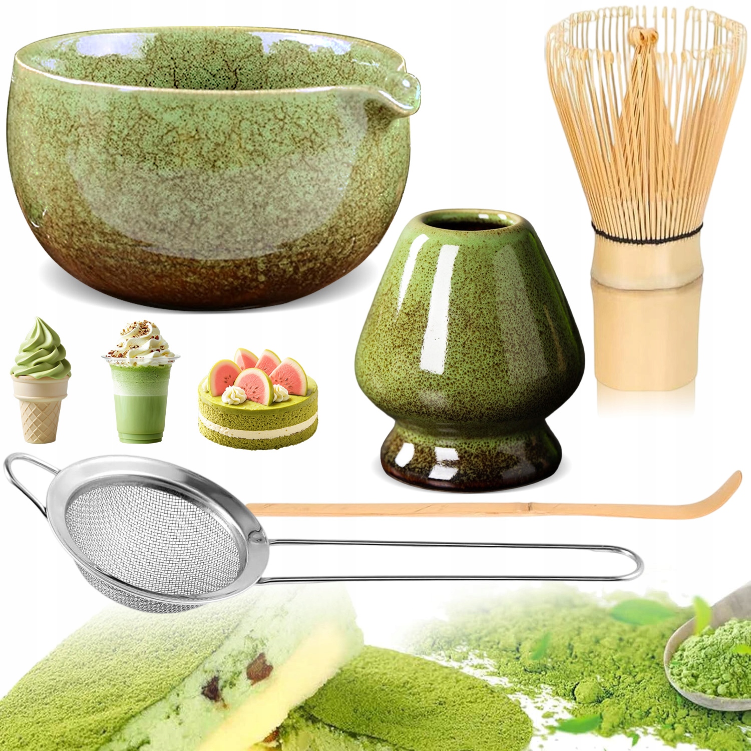 Levně Startovací Sada Pro Matcha Čaj 5EL S Krásnou Čarou A Metlou Lžíce Síto