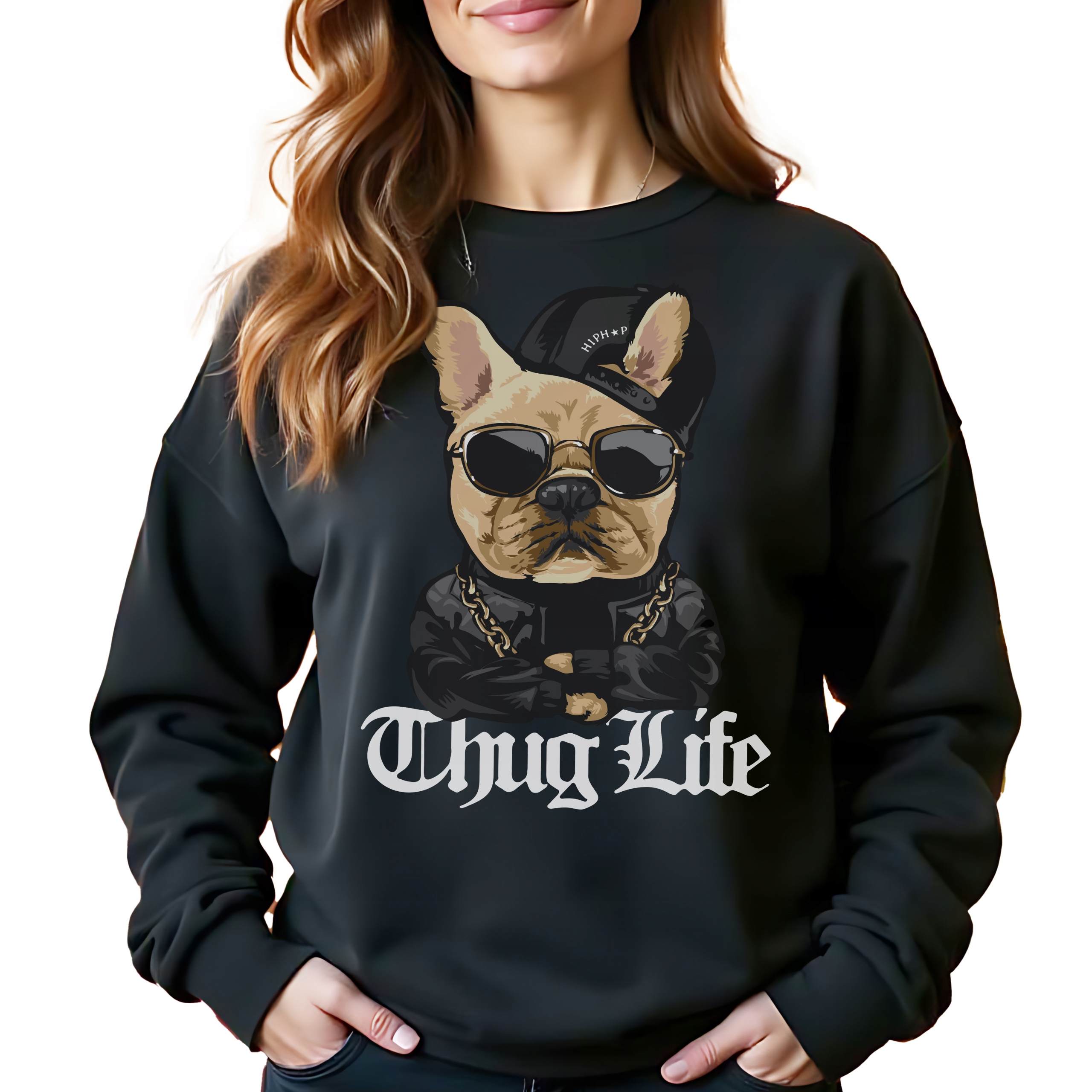 Černá Mikina stylová mikina s kapucí Thug Life Bez Kapuce jako Dárek Velikost L