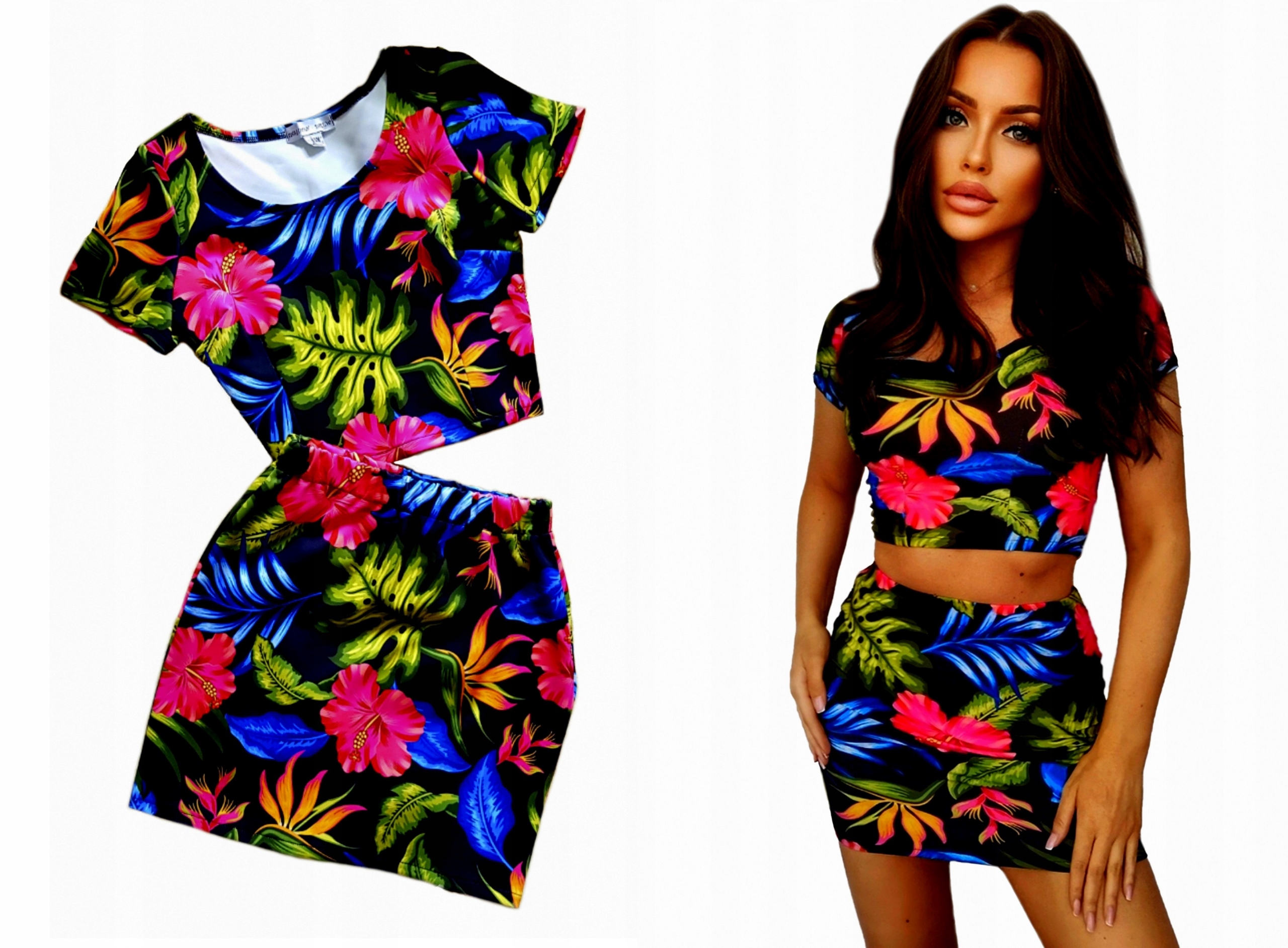 KOMPLET ZESTAW krótka BLUZKA TOP + SPÓDNICZKA Mini na GUMCE w KWIATY S/M