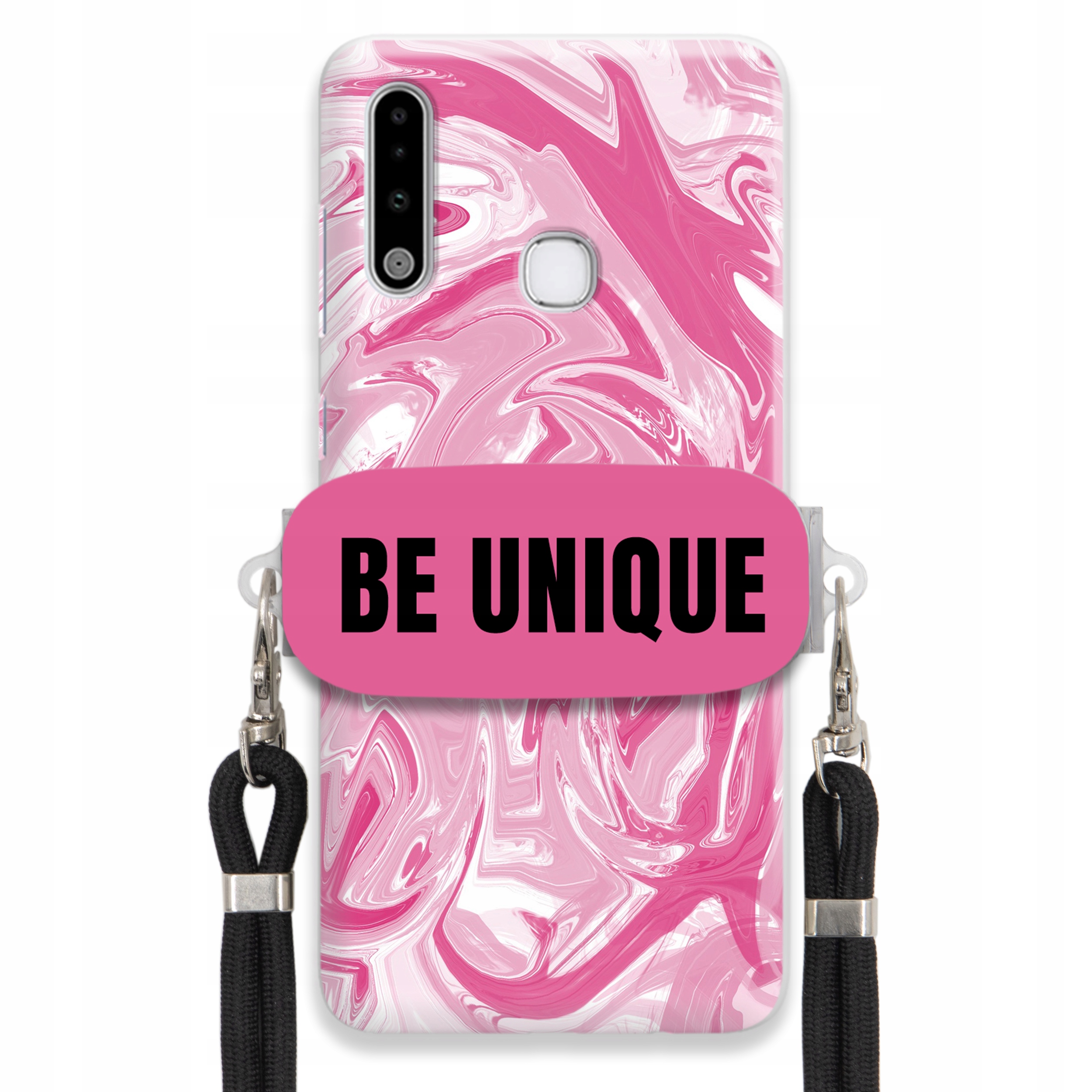 Puzdro na Samsung A70e Case držiak na šnúrku Čierna Ružová Mramor Be Unique