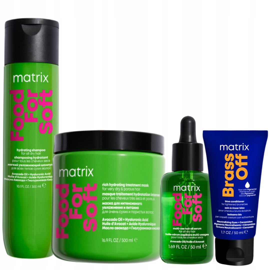 Food For Soft + Brass Off zestaw: szampon 300 ml + maska 500 ml + olejek 50 ml + odżywka 50 ml