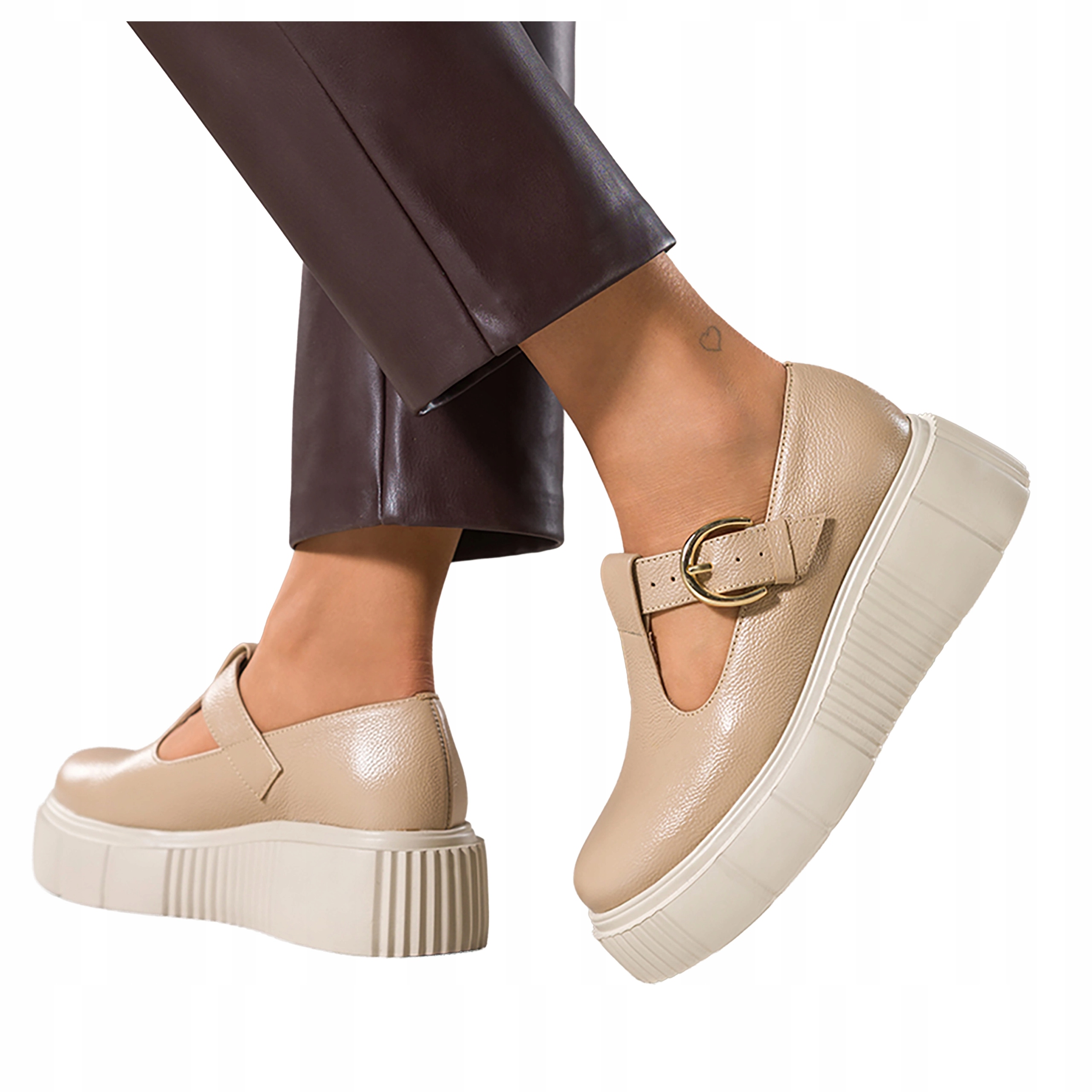 Béžové dámské Polobotky Modne Na platformě Pohodlné Kožené Polské vel. 38