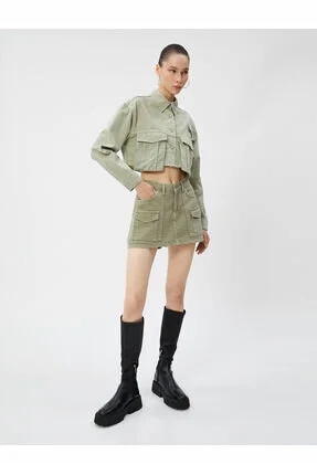 Koton Krátká Dámská Bavlněná Bunda S Kapsami Khaki 42 5HA