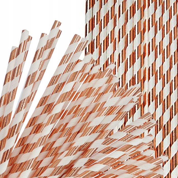 Słomki papierowe BIAŁE w paski RÓŻOWE ZŁOTO rose gold urodziny party 10szt