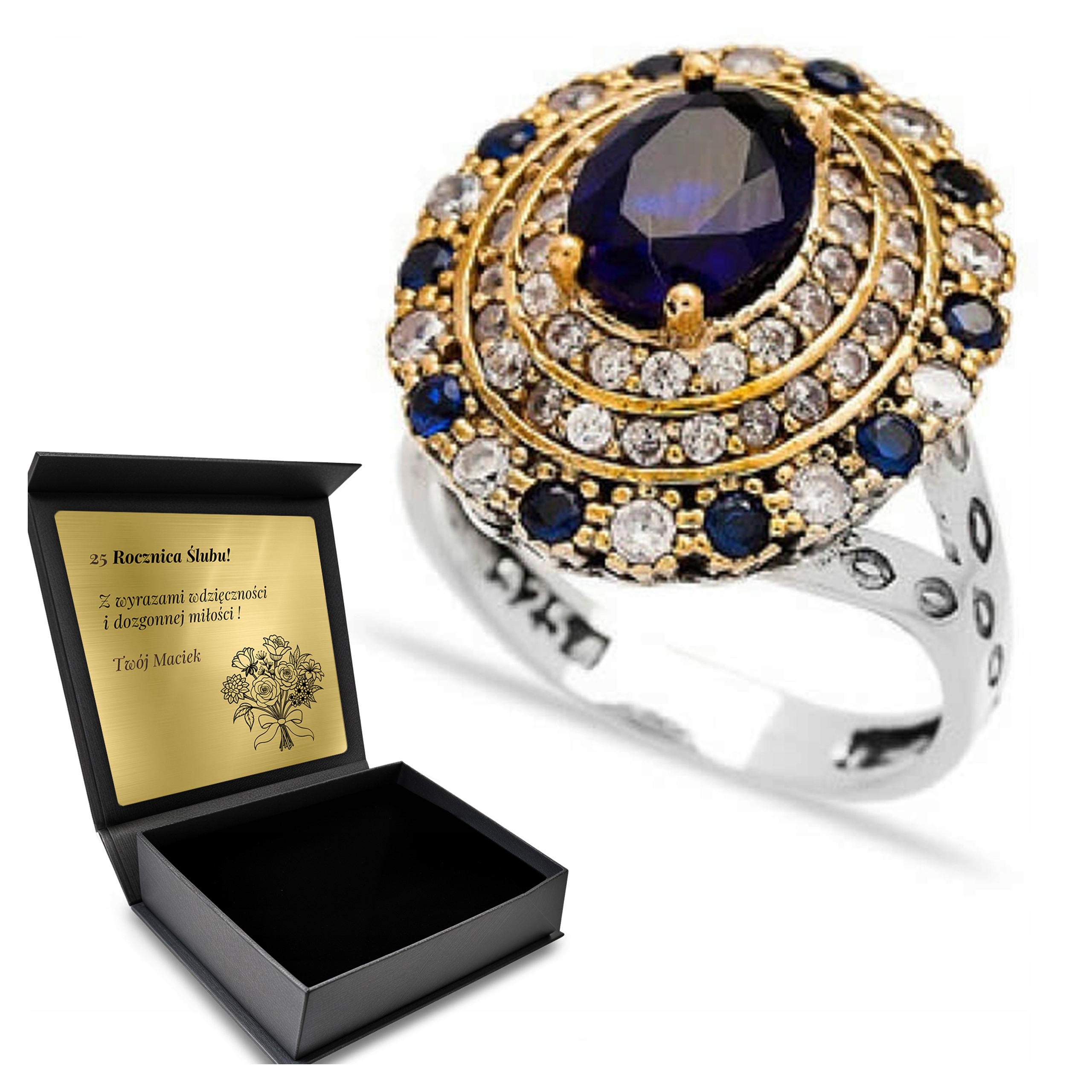 Prstýnek 925 Zirkony Safír Šperky Pro Ženy Gravírování Bonus