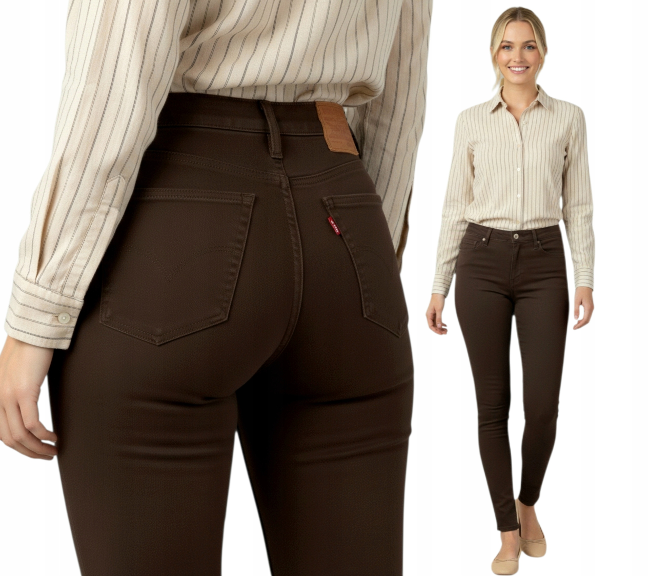 Modne Damskie Spodnie Jeansy Czekoladowe Klasyczne Rurki Push Up r. S \ 36