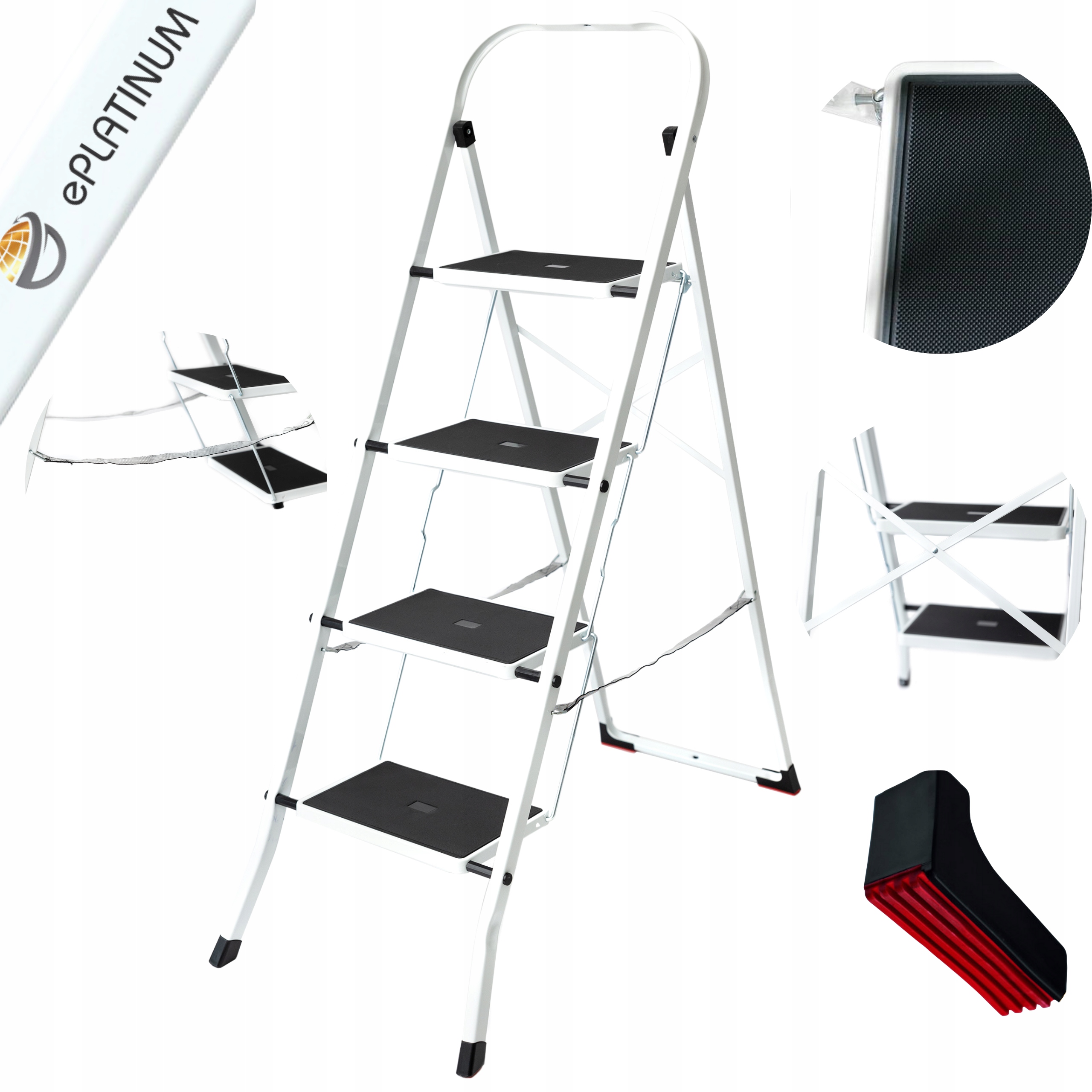 Žebřík 4STUPŇOVÝ Skládací Ocelový Žebřík 150 kg Pevný Bílý