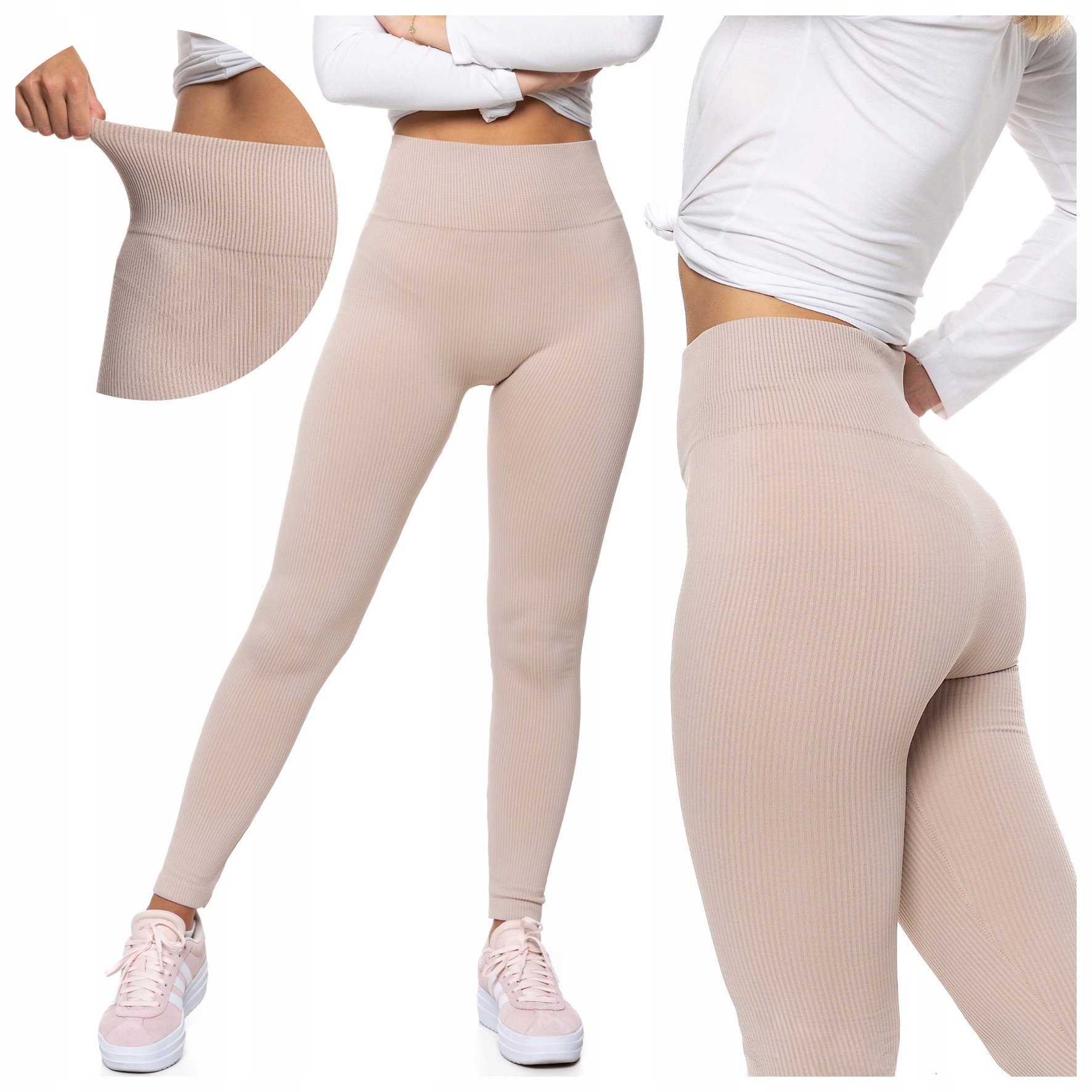 LEGGINSY DAMSKIE MORAJ Z WYSOKIM STANEM PRĄŻKOWANE WYGODNE BEŻOWE S/M
