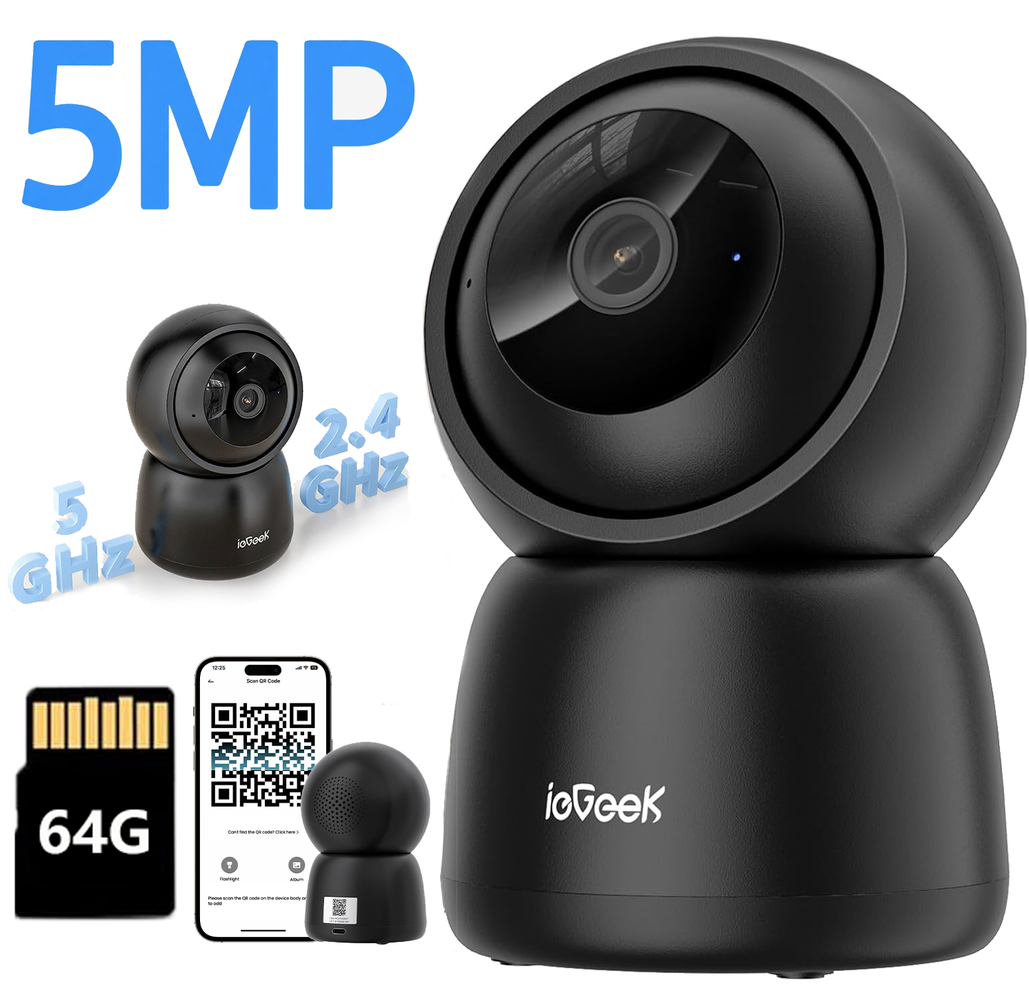 5MP Otočná Kamera Ip Wifi 2,4 GHz a 5 GHz Automatické sledování 64 Gb Sd