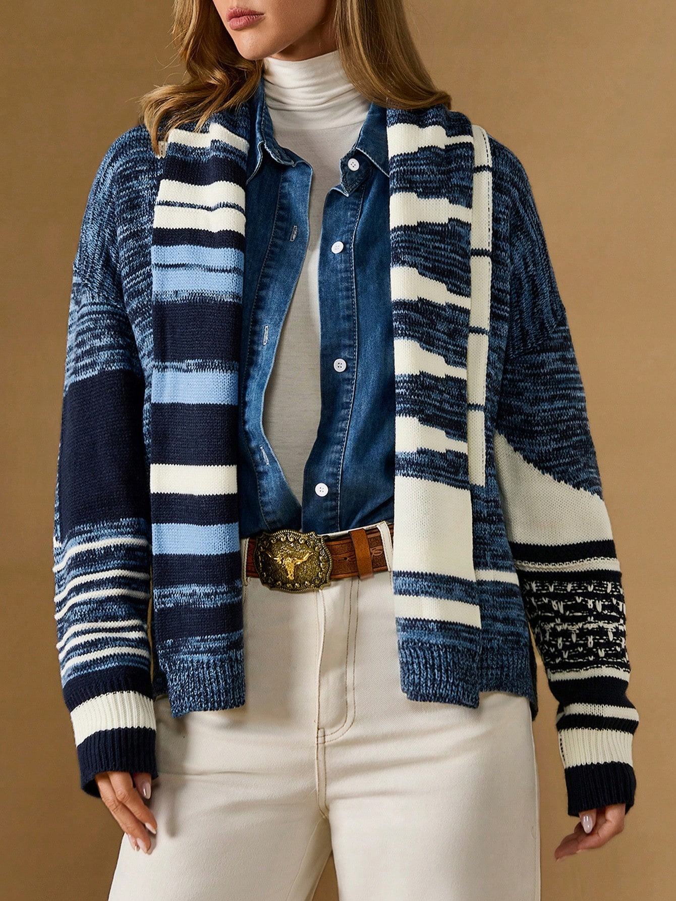 Dámský Svetr Oversize Modrý S Pruhy, Vázaný Casual Shein, Velikost 36