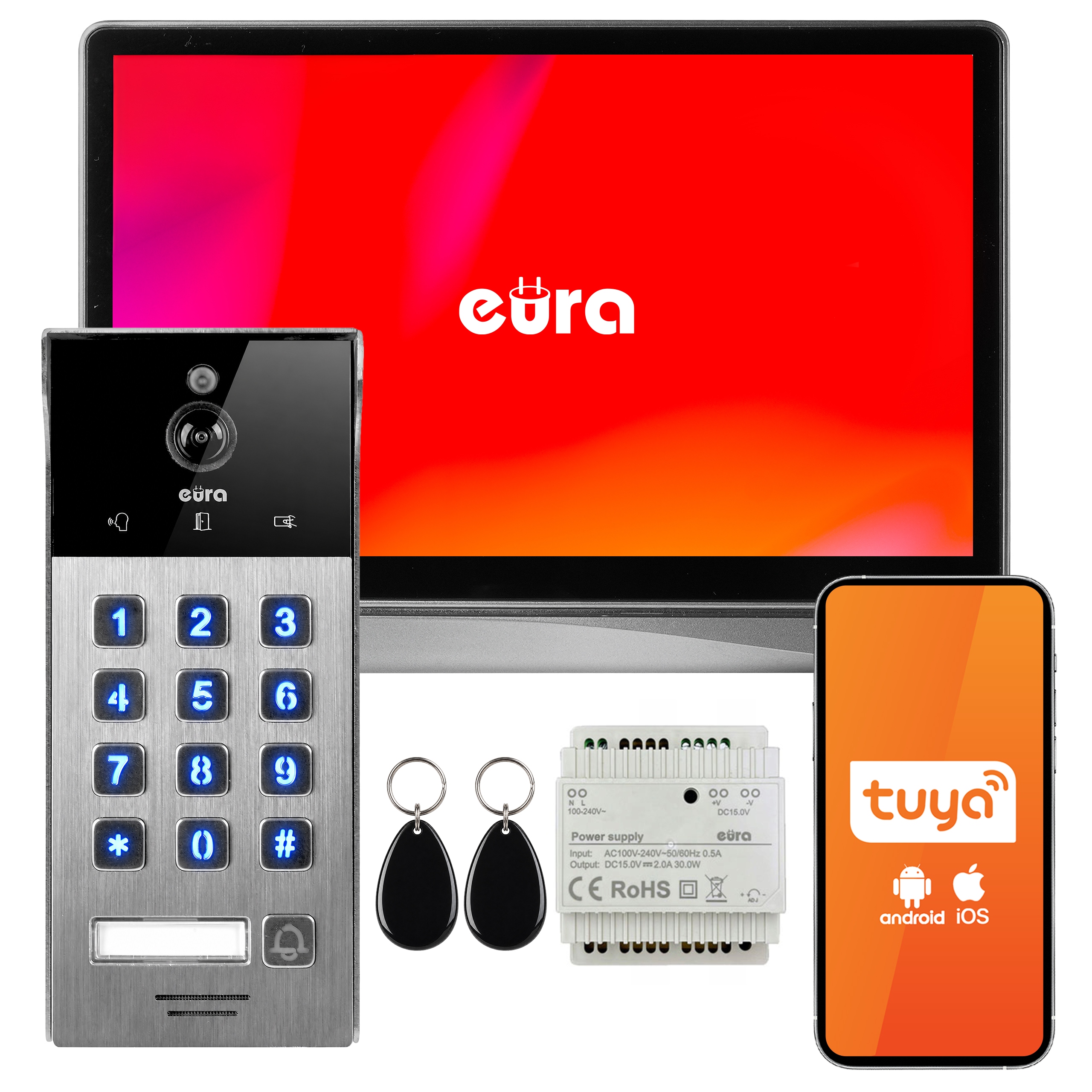 Wideodomofon Domofon LCD 8' Eura WiFi Din Czytnik Szyfrator stal nierdzewna