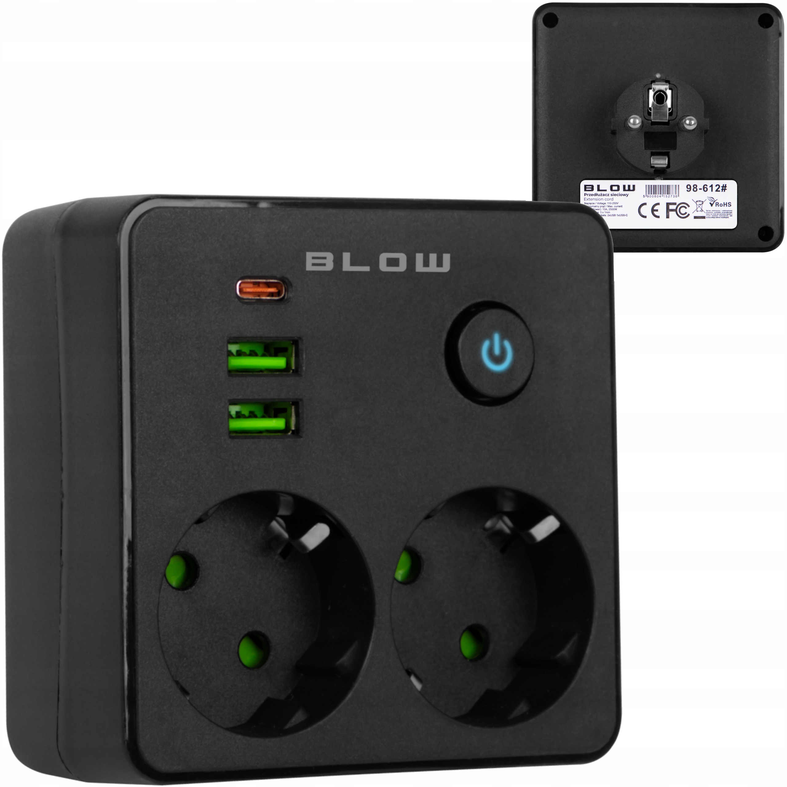 PRZEDŁUŻACZ ROZDZIELACZ ROZGAŁEŹNIK 2 GNIAZDA WŁĄCZNIK LISTWA 2X USB TYP-C