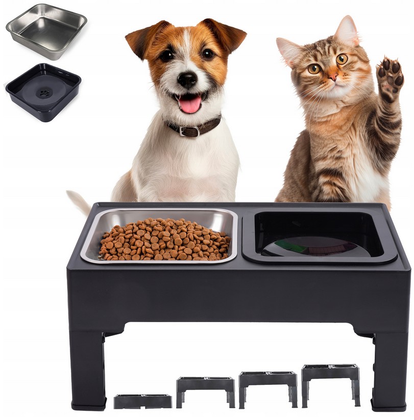 Miska dla Psa Zestaw Regulowana Wysokość Podwójna Niechlapiąca Metalowa 2w1