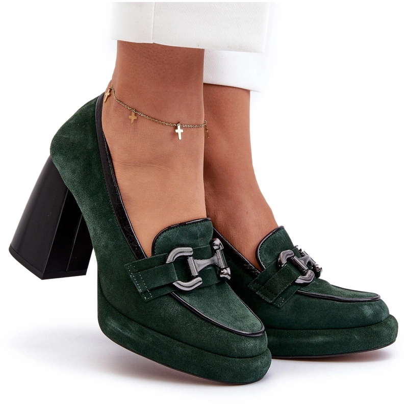 Kožené Lodičky Na Pevném Podpatku S Ozdobou Laura Messi 2706 Zelené 37