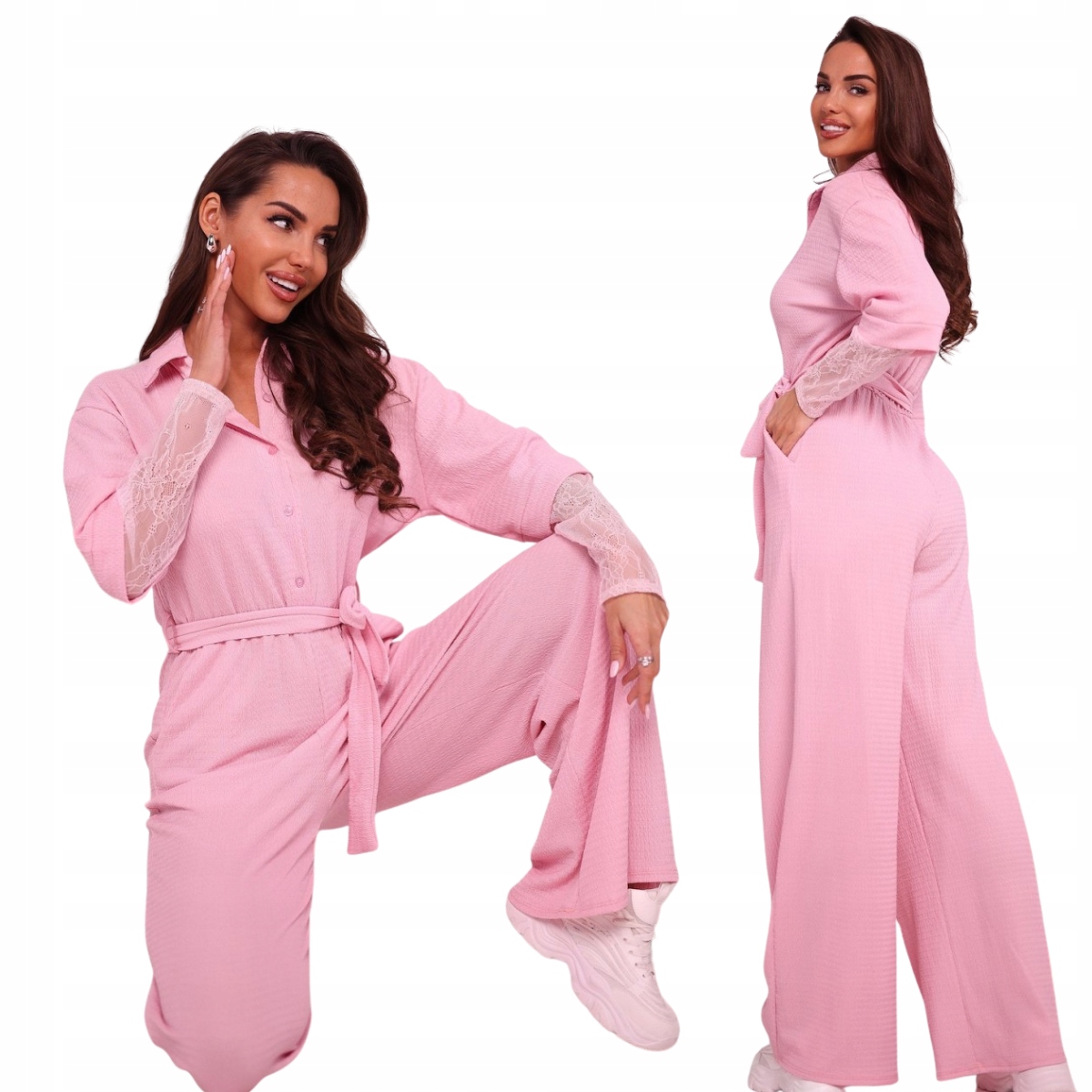 Maxi kombinéza s krajkou pudrová růžová Judyth elastická na knoflíky One size