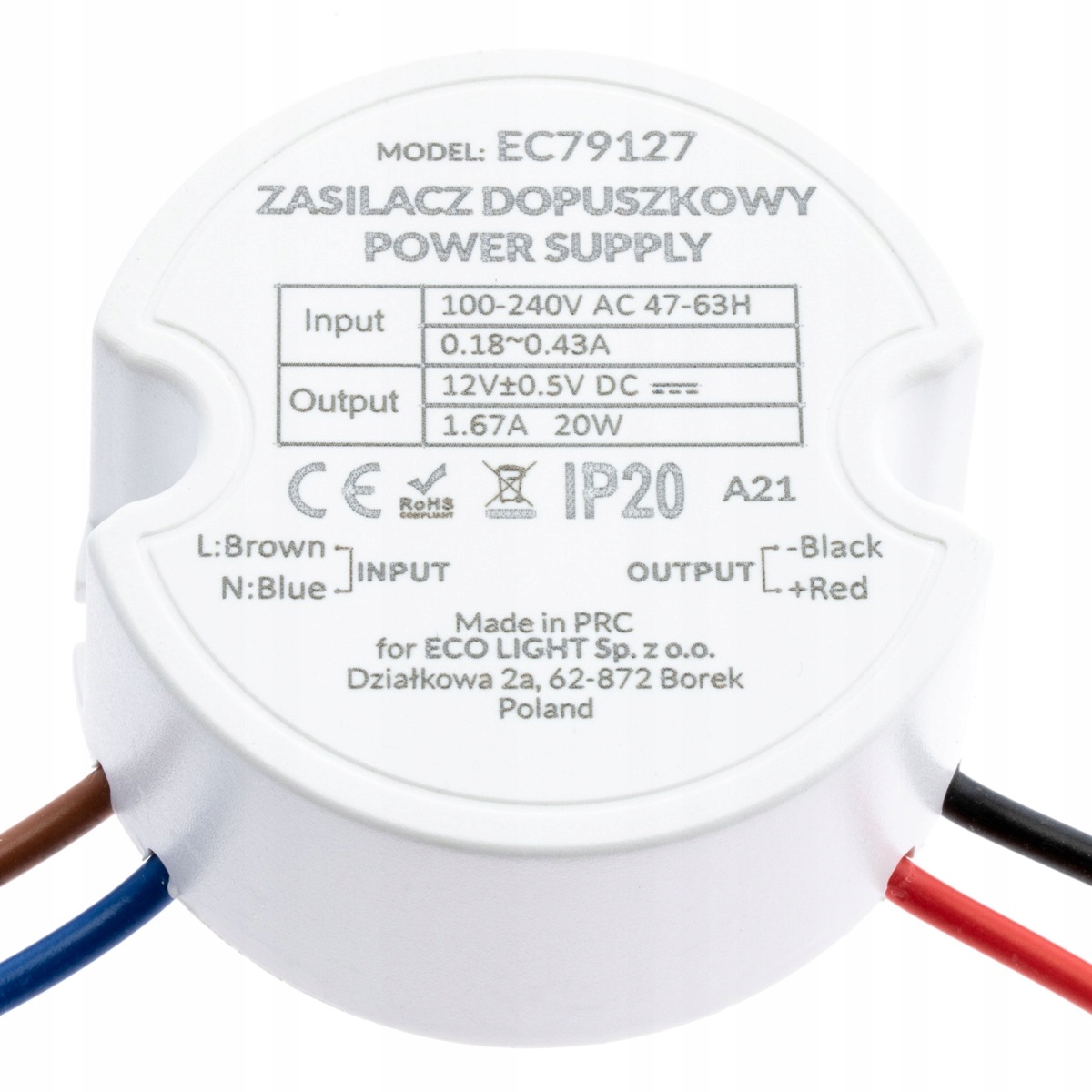 

Zasilacz do Taśmy Led 12V 20W Dopuszkowy Do Puszki