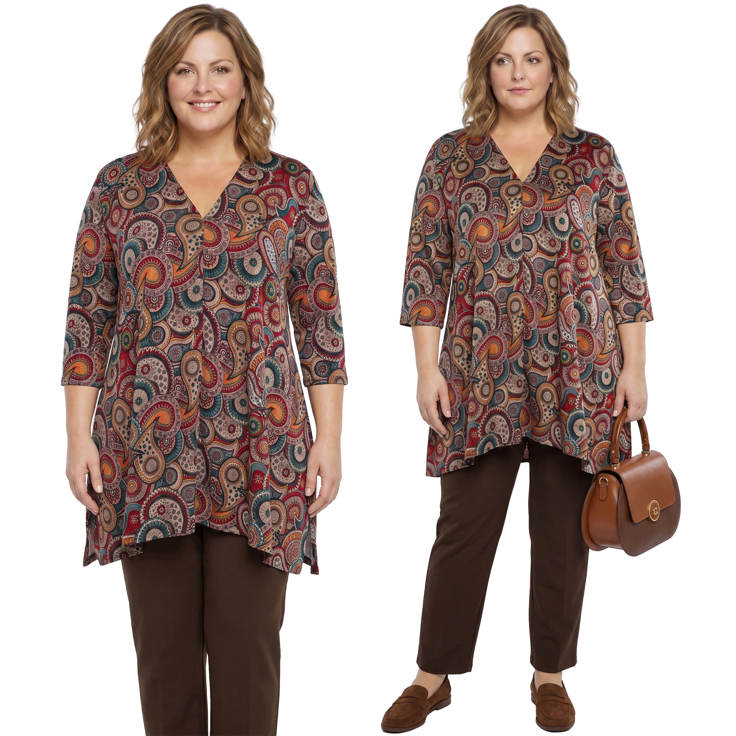 Béžová tunika s barevnými vzory plus size velikost 56/58
