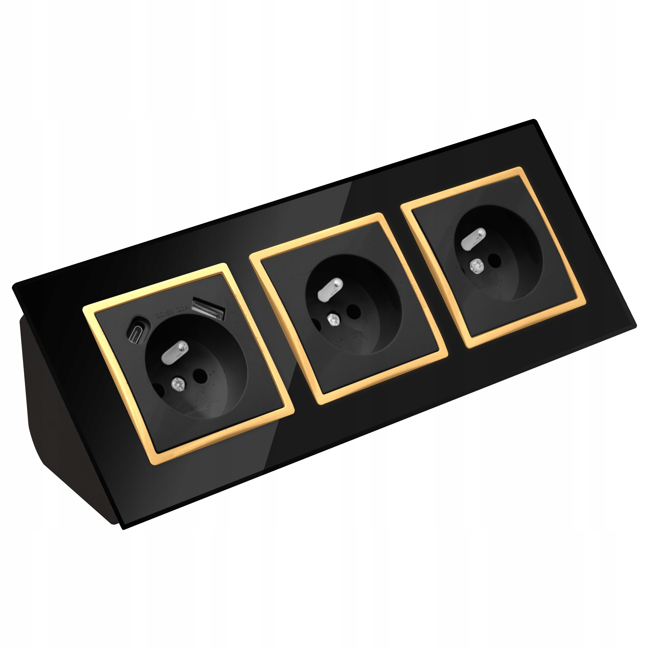 Gniazdo Potrójne Szklane Meblowe Narożne Usb Typ C Czarne Złote Listwa