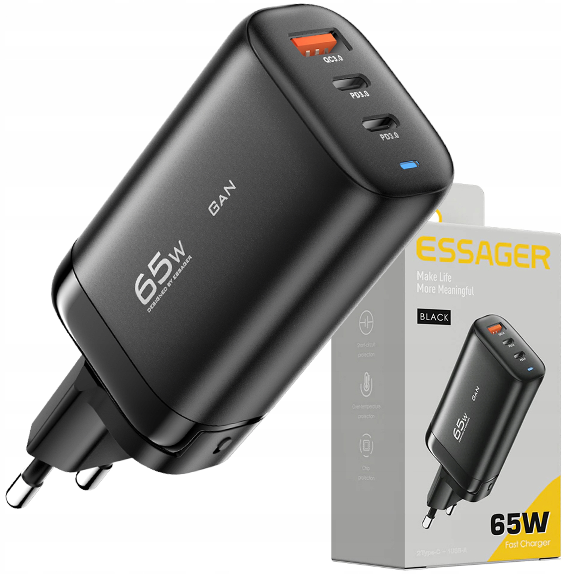

Szybka ładowarka zasilacz 3xUSB 65W QC3.0+ PD3 GaN