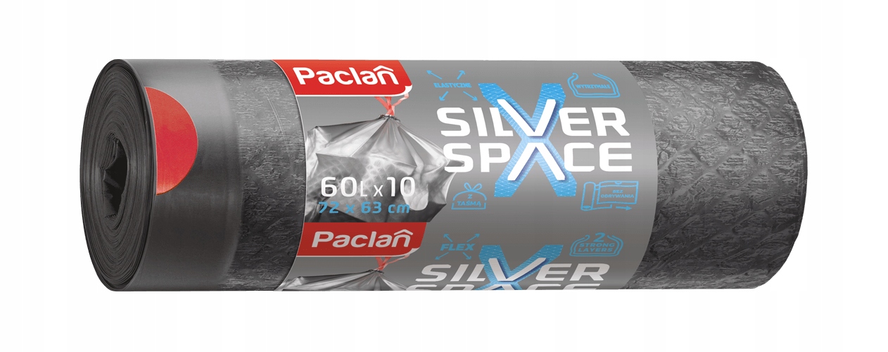 Levně 8X Paclan Pytle na odpadky Silver Space s páskou Silné elastické 60L 10