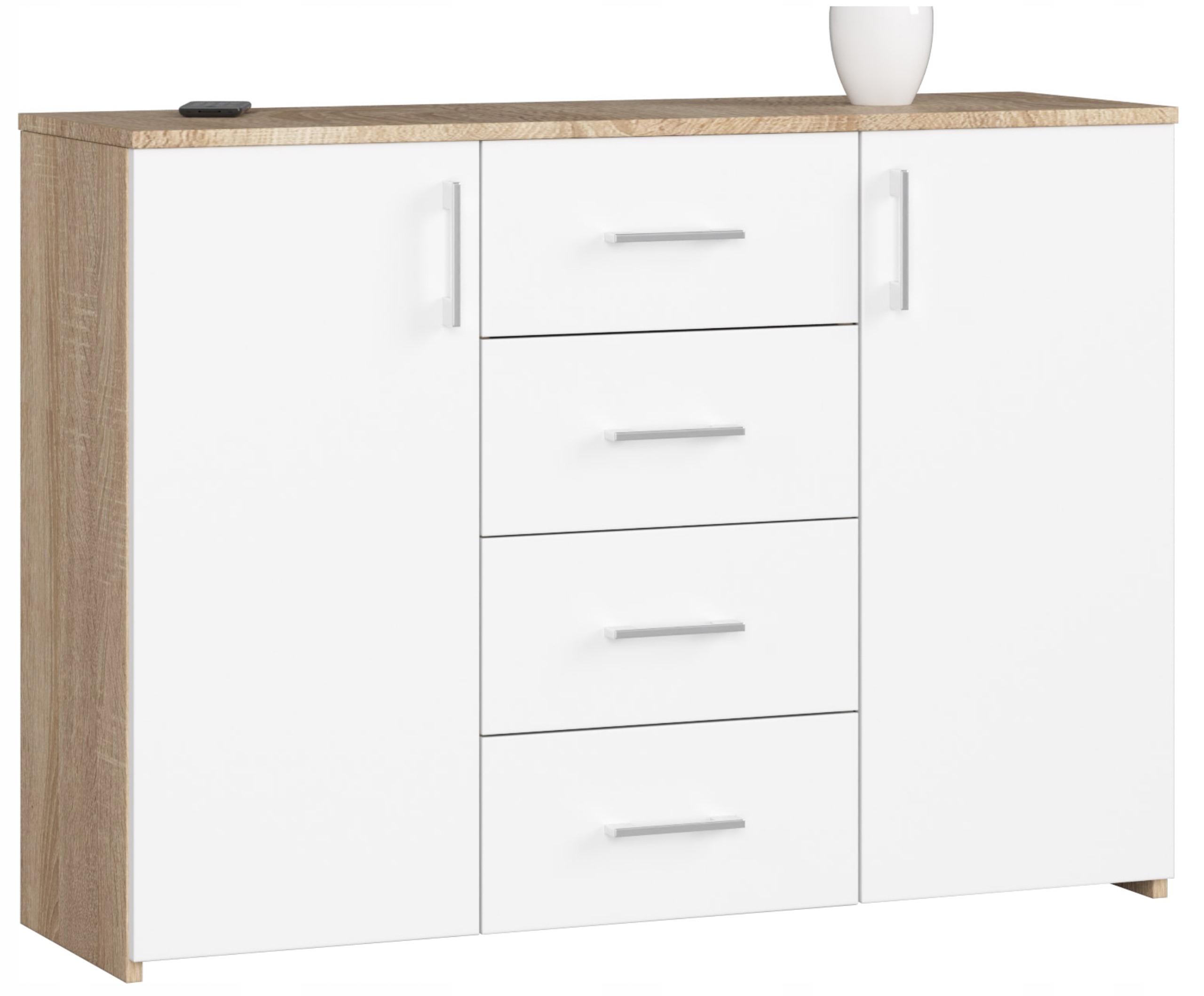 Komoda, skrinka K45 110 cm, 4 zásuvky, sonoma-biela Akd