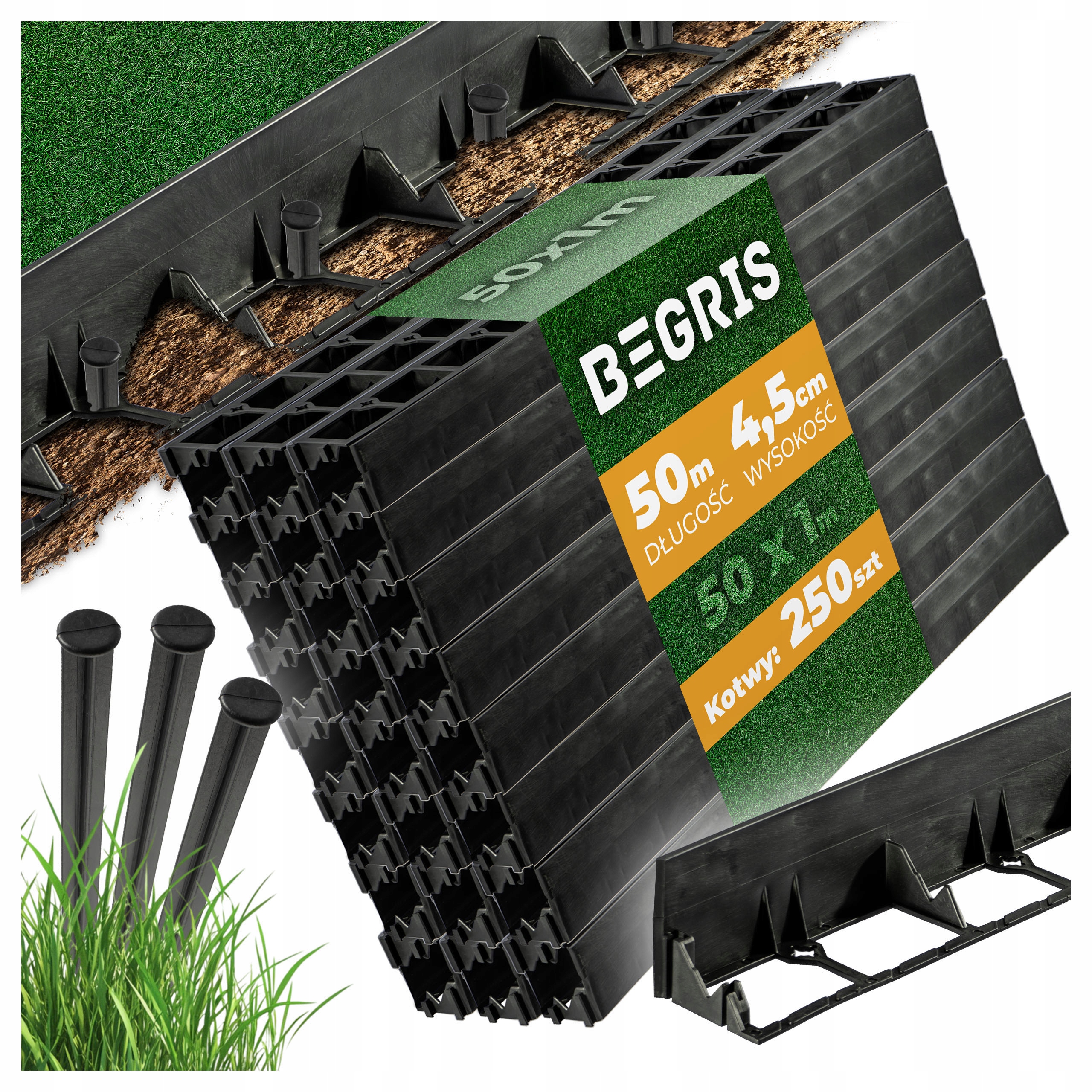 Obrzeże 4,5CM 50M 250 Kotew Trawnikowe Ogrodowe Elastyczne Czarne Border