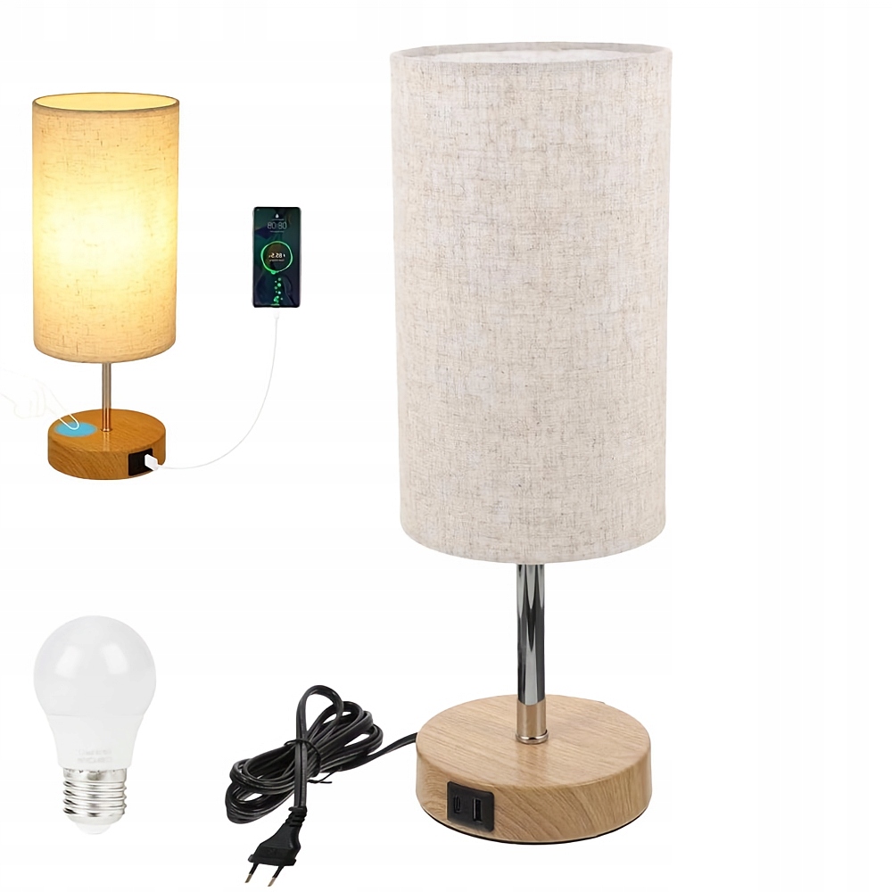 Stolní Lampa 3 Stupně Dotykové Ovládání Lněná Základna Dřevěná
