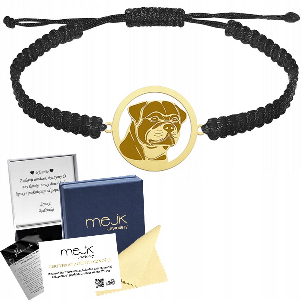 Zlatý náramek s psem Rottweiler 925 Šperky Makramé Gravírování Bonus