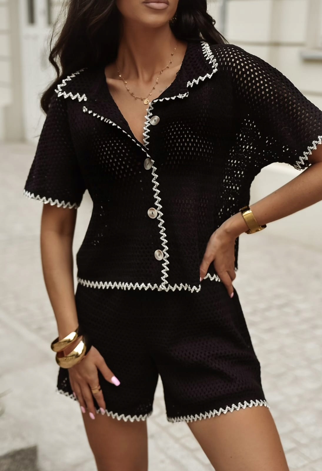 Dámský letní komplet boho, krajková košile a šortky Černý vel. 36