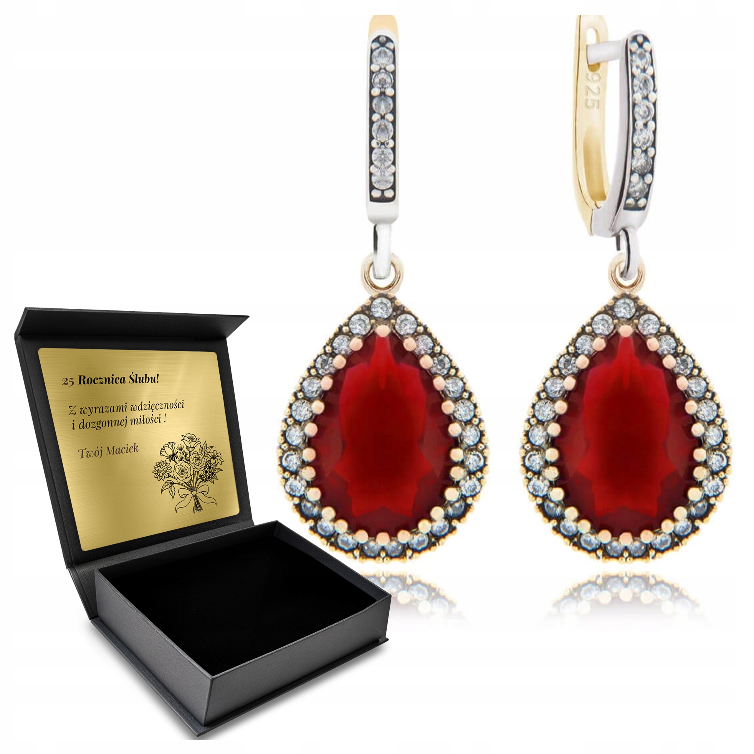 Stříbrné Náušnice 925 S Zirkony A Rubínem pro ženy Gravírování Bonus