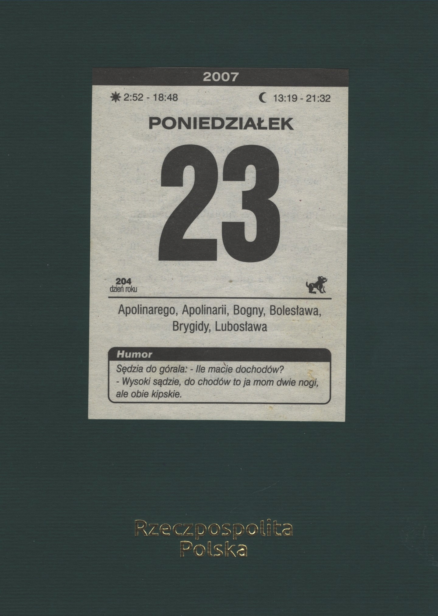 KARTKA Z KALENDARZA, 23.07.2007r. PREZENT, WSPOMNIENIA, URODZINY
