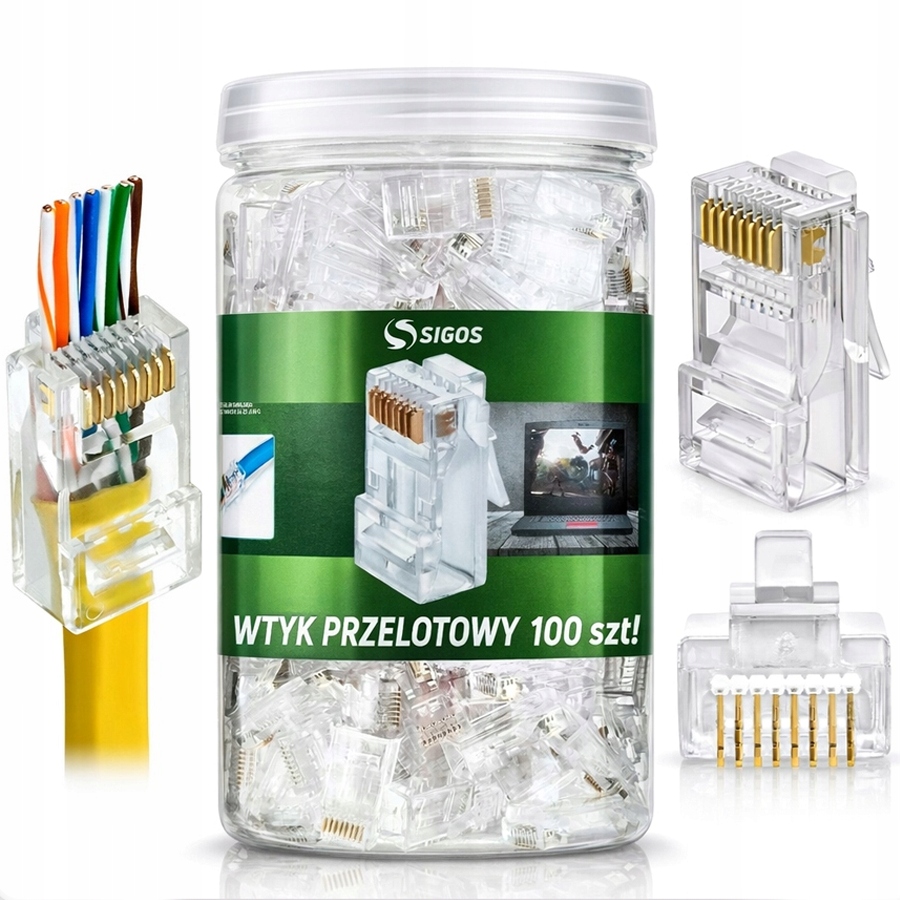 ZESTAW 100 SZT. KOŃCÓWKI WTYK WTYKI RJ45 8P8C UTP KAT.6 CAT.6 PRZELOTOWE