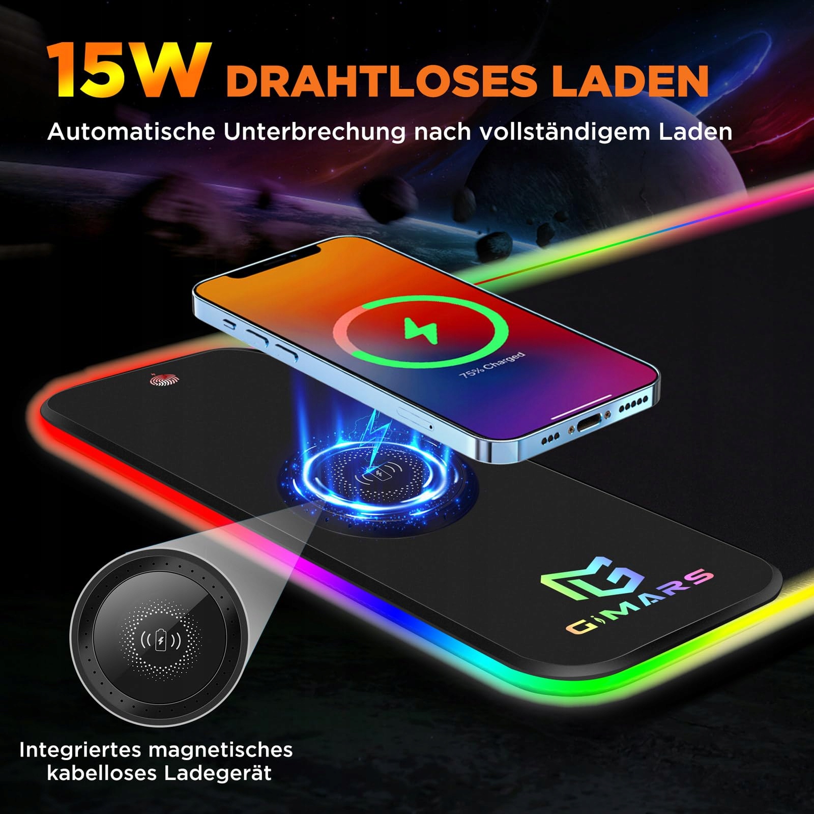 GIMARS Podkładka Gamingowa RGB XXL 800x300x5mm Bezprzewodowe Ładowanie 15W — miniatura 3