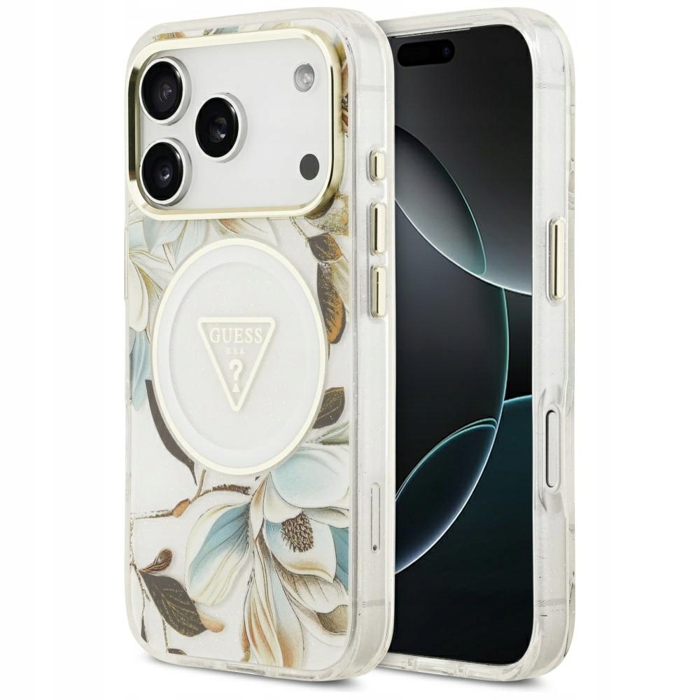 Etui Guess IML Glitter Flowers Triangle MagSafe do iPhone 17 Pro biały