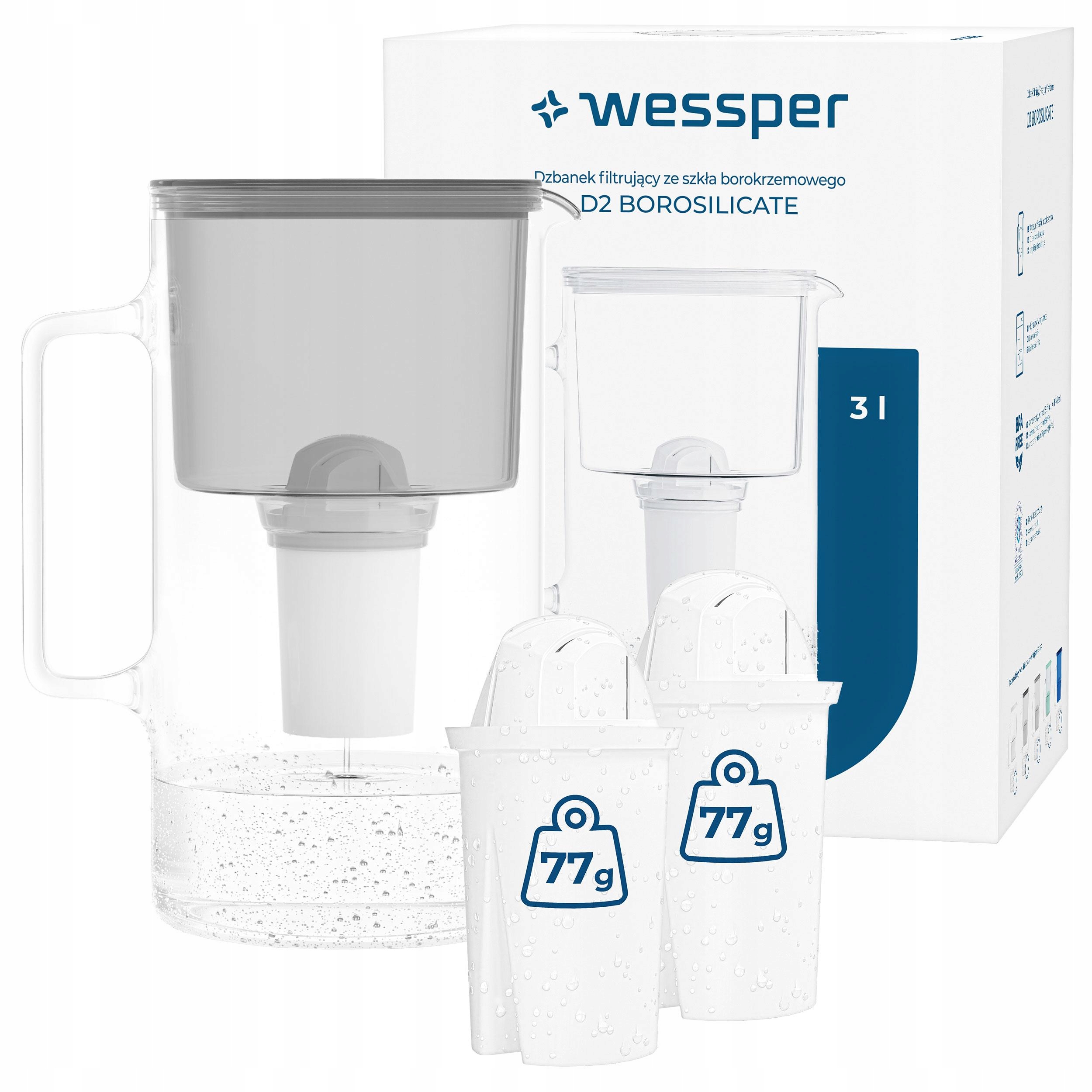 Szklany dzbanek filtrujący Wessper D2 Borosilicate 3l szary 3x filtr
