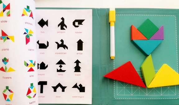 TANGRAM KLOCKI DREWNIANE MAGNETYCZNE TABLICA UKŁADANKA