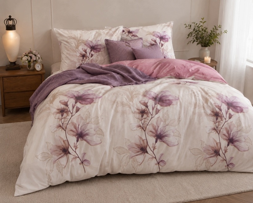 Komplet pościeli 100% satyna bawełna West State PC-8 beż fiolet 160x200