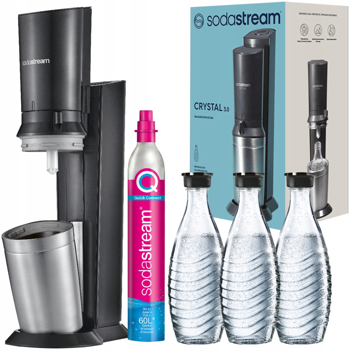 Saturator Sodastream Crystal 3.0 3x Szklane Karafki Butelki Cylinder