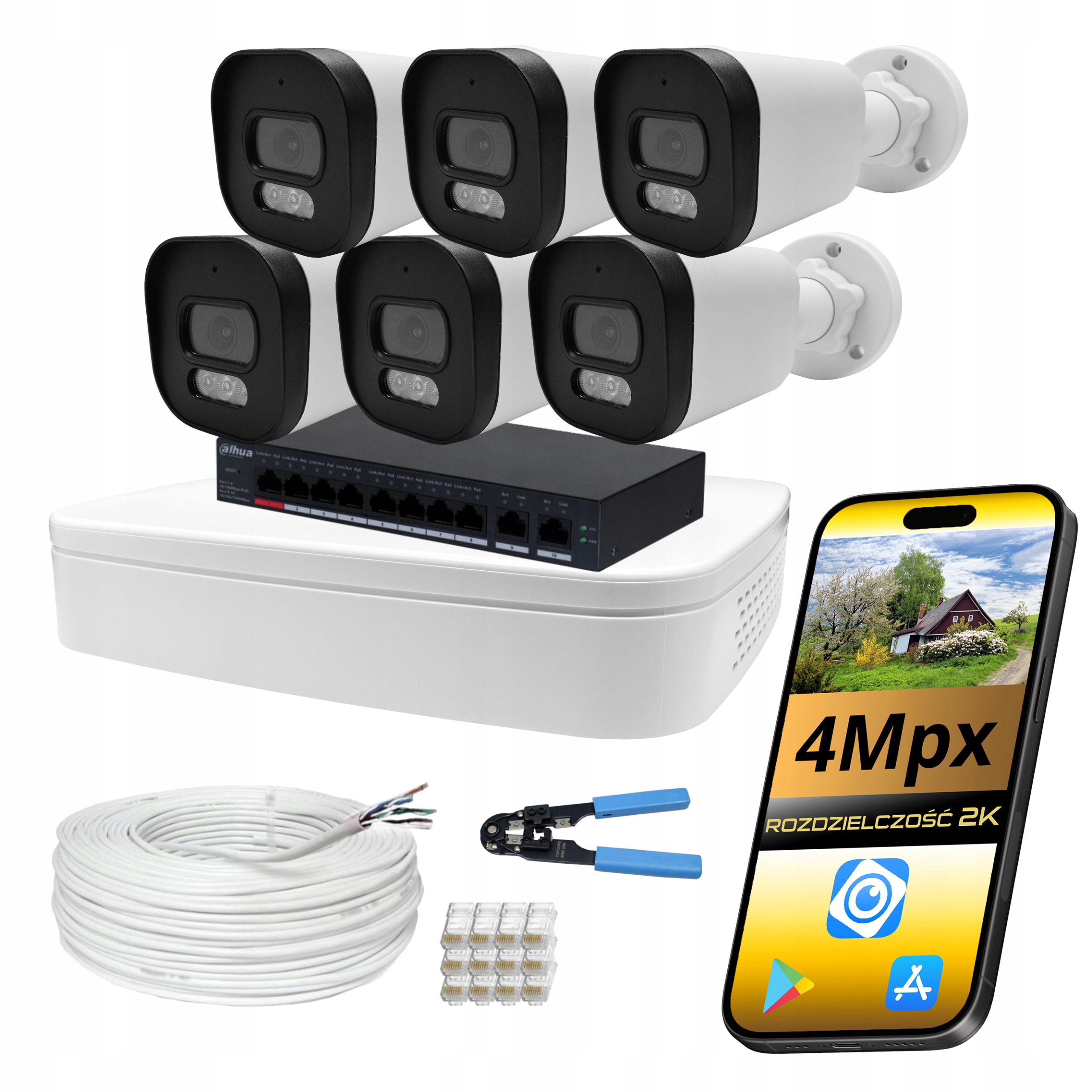 Sada Pro Monitorování Domu 6 Tubových Ip Kamer PoE 4MPX S Dahua Rekordérem