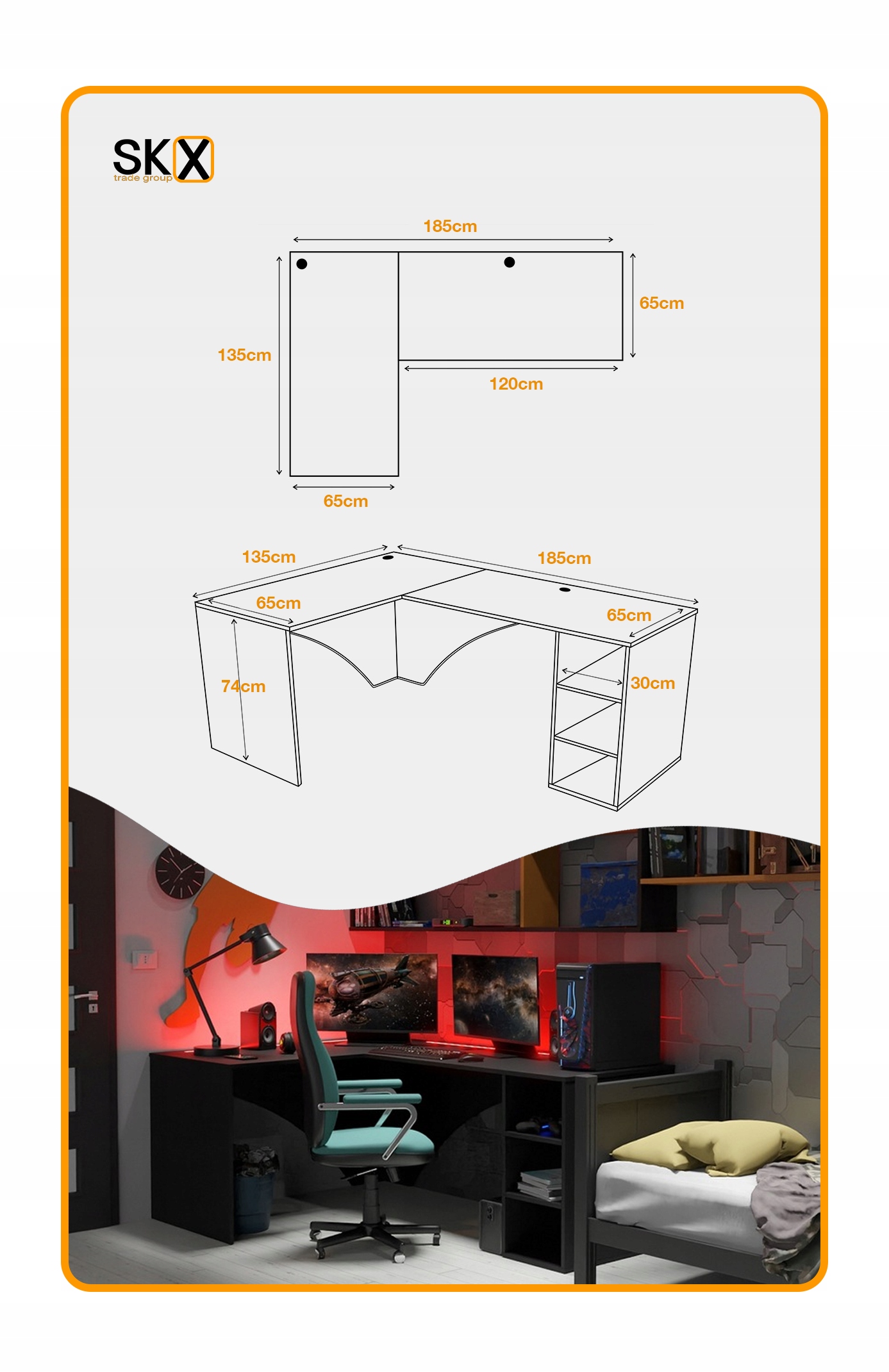 Biurko Gamingowe Komputerowe Gracza Narożne Dąb Złoty Craft LED Wysokość mebla 74 cm